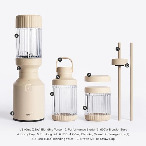 The Beast Mini Blender Plus | Mini Countertop Kitchen Blender | Blend Smoothies and Shakes, Dressings, Sauces, Dips | Extra Vessels, Straw Cap and Straws Included | 600W (Sand) thumbnail 8