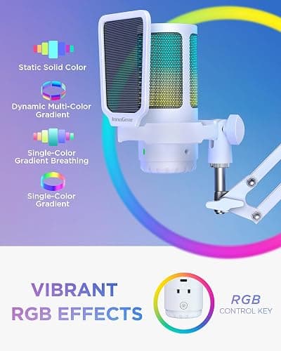 InnoGear Gaming USB Microphone, Noise Cancellation Condenser Mic with Mute, Gain, RGB Indicator, Boom Arm Stand for Streaming, Podcast, Twitch, YouTube, Discord, PC, Computer, PS4, PS5, Mac, White thumbnail 5