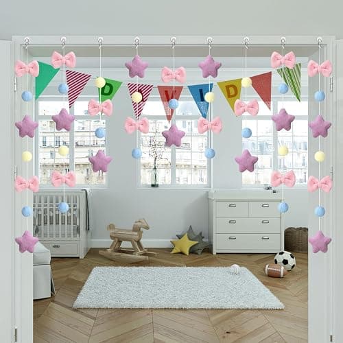 Fanfanwin Cute Plush Pink Bow Door Curtain Kawaii Cutecore Room Decor 33" L x 35" W Fluffy Bowknot Purple Star Pentacle Garland Curtain for Women Bedroom Door Window Wall Party Decor thumbnail 2