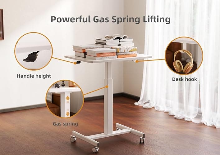 Claiks Mobile Standing Desk, Small Rolling Workstation with Wheels, Pneumatic Laptop Desk for Home Office with Hook, White thumbnail 3