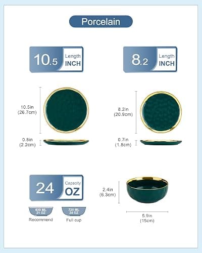 LOVECASA 12 Pieces Plates and Bowls Sets, Porcelain Green and Gold Dinnerware Sets, Round Dinner Plates Dishes Set Service for 4, Dishwasher Safe and Scratch Resistant, Green thumbnail 3