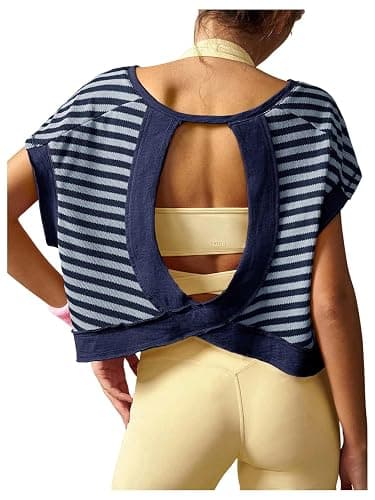 Floerns Women's Open Back Workout Top Striped Short Sleeve Gym Athletic Running Tees - Image 1