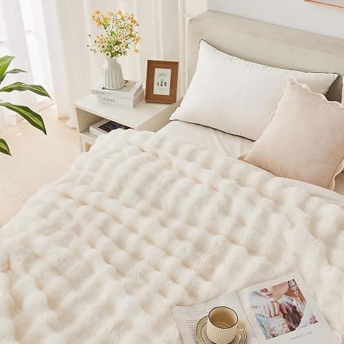 Jeyfull Fluffy Luxury Faux Rabbit Fur Throw Blanket - Cozy Fuzzy Plush - Thick Warm Decorative - Queen Size 90''x90'', Cream White thumbnail 3