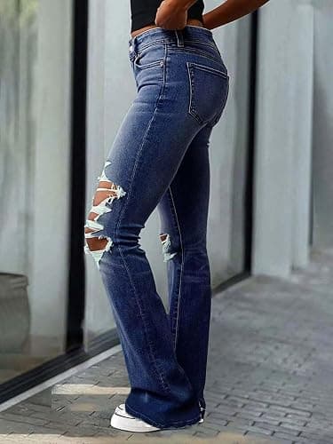 Flamingals Women's Bell Bottom Jeans Flare Distressed Ripped Stretchy Mid Rise Bootcut Denim Jeans thumbnail 2