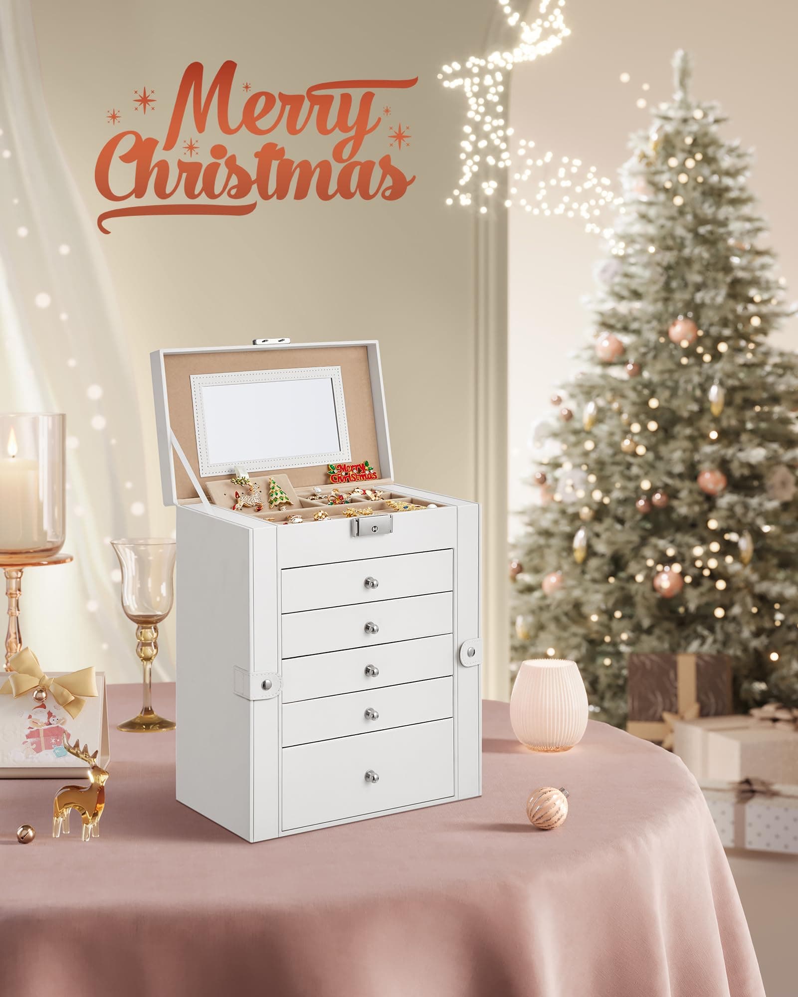 SONGMICS Caja para Joyas de 6 Niveles, Caja Joyero con 5 Cajones, Espejo, Cerradura, Superficie Blanco Nube y Forro Beige Arena MJBC152W01 thumbnail 2