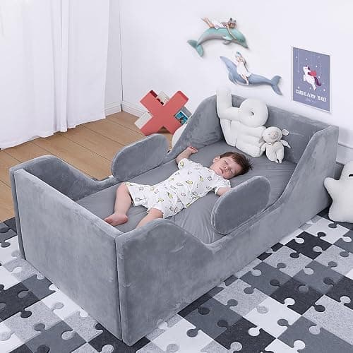 weeonekids Toddler Bed, Child Bed for Kids with Extra Safty Broad, Standard Crib Size Toddler Bed, Certified Fabric Toddler Beds,Toddler Flood Bed (Gray) - Grey - Image 1