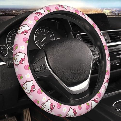 Kitty Accessories Car, Strawberry Pink Hello Cat Wheel Cover, Y2K Car Accessories, Girly Steering Wheel Cover, Universal Fit 14.5-15 inch Auto SUV Vans Trucks, Anti-Slip and Sweat Absorption - Pink thumbnail 5