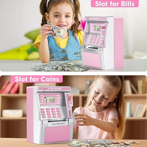 Pink Piggy Bank for Kids, ATM Machine Bank for Real Money with Debit Card, Bill Feeder, Coin Recognition, Balance Calculator, Electronic Savings Safe Box, Gifts for Teen Boy Girl thumbnail 6