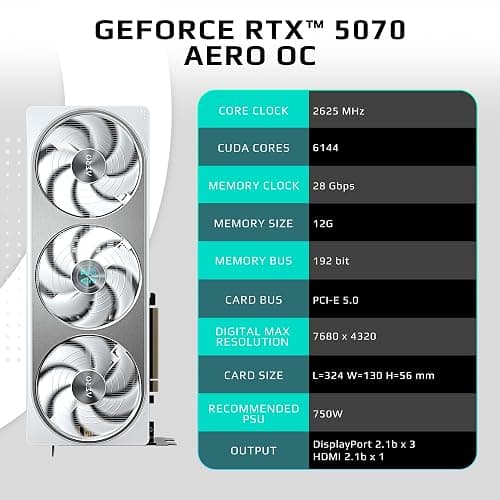 GIGABYTE GeForce RTX 5070 AERO OC 12G Graphics Card, 12GB 192-bit GDDR7, PCIe 5.0, WINDFORCE Cooling System, GV-N5070AERO OC-12GD Video Card, Compatible with Desktop thumbnail 3