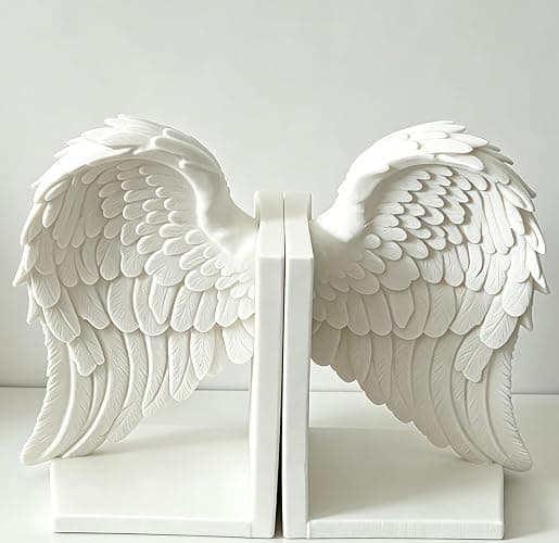 GdTenyuanHeki White Angel Wings Bookends, Artistic 3D Printed Book Stopper, Decorative Bookends for Home Office Desk, Bookshelf Organizer & Display, Stylish Room Decoration Gift thumbnail 3
