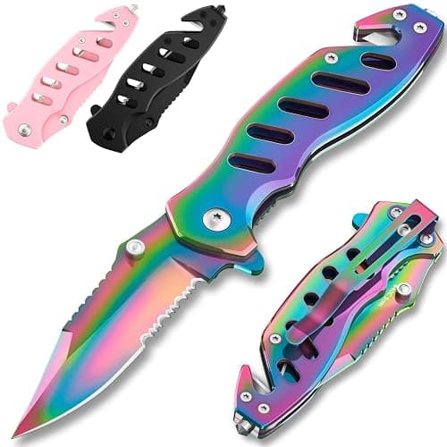 Legal Rainbow Pocket Knife with Glass Breaker Seatbelt Cutter - 2.68 Inch Sharp Serrated Blade - Cute Small Folding Womens Knives for Self Defense EDC Camping - Food Processing Mincing Knives 6655 R - Image 1