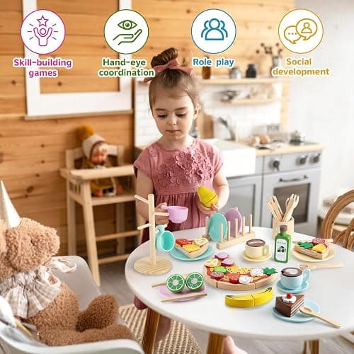 GAGAKU Kids Wooden Play Dishes Set -27Pcs Montessori Play Kitchen Accessories Plates and Bowls Set, Storage Stand & Play Food, Pretend Cooking Toys for Ages 3-5, Educational Gift for Toddler thumbnail 5