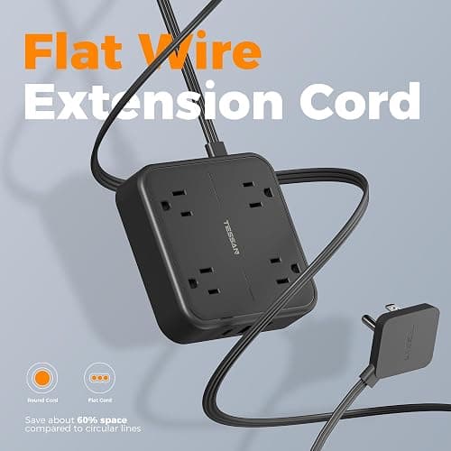 Surge Protector Flat Extension Cord 10FT, TESSAN Flat Plug Power Strip with 4 Outlets 3 USB Ports (1 USB C), 900 Joules Protection, Multiple Wall Outlet Extender Suitable for Home Office Dorm, Black thumbnail 7