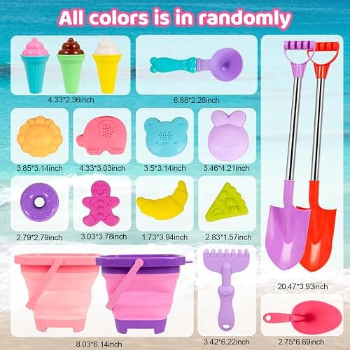 Beach Sand Toys for Kid Age 3-12 Collapsible Buckets 2 Big Size Sand Shovel | Rake Animal Sand Molds Toys with Mesh Bag Silicone Pail Sandbox Kit Beach Accessories Must Haves for Kids Age 3+ (19 PCS) thumbnail 4