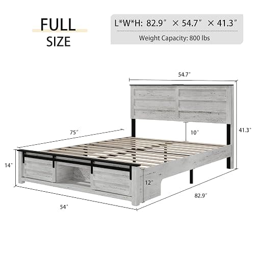 SAMTRA Wooden Full Size Bed Frame with Headboard, Boho White Farmhouse Storage Bedframe with Sliding Barn Door Footboard and Charging Station, Wood Slats, No Box Spring Needed thumbnail 2