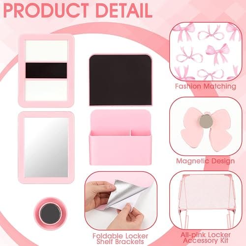 Watersay 115 Pcs Pink Locker Accessories Kit Foldable Locker Shelf Decorations for Girl Pink Bow Pen Holder Magnetic Mirror Coquette Stickers Background Whiteboard Ribbon Back to School Essentials thumbnail 4