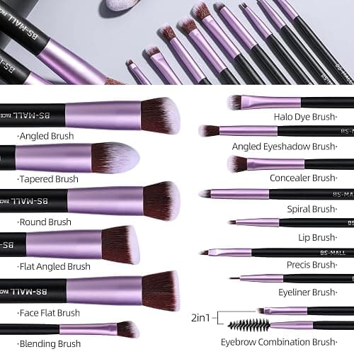 BS-MALL Makeup Brushes Premium Synthetic Foundation Powder Concealers Eye Shadows 14 Pcs Purple for Makeup Beginner or Professional with Travel Case thumbnail 4