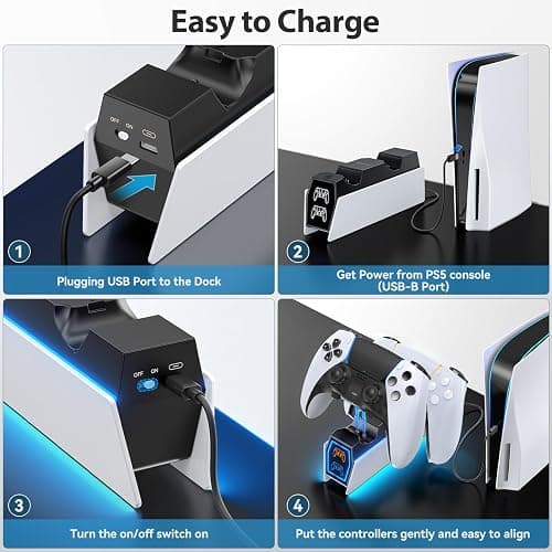 Tokluck PS5 Controller Charger Station - Compatible with Playstation 5 Edge & Dual Controller Gaming, Games Charging Station with Cable, PlayStation Games Dock Stand for with LED Indicators, White thumbnail 7