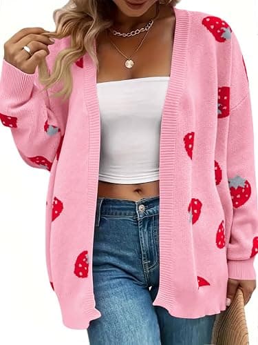 SECRETEYARD Women's Plus Size Strawberry Floral Print Long Sleeve Open Front Knit Cardigan Sweater thumbnail 2