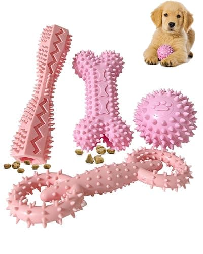 Cdyzqikm 4 Pack Puppy Teething Toys Dog Durable Chew Toys Soft Rubber Toy Dog Teeth Cleaning Toothbrush Toy Cute Interactive Toys for Puppies Small Breed (Pink) - Image 1