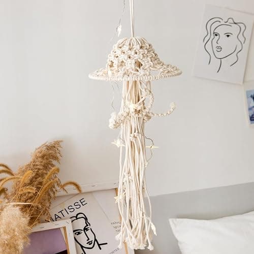 Macrame Wall Hanging,Jellyfish Dream Catcher with Star Lights,Bohemian Woven Wall Art Decor Beautiful Apartment Dorm Room Door Decoration (White) thumbnail 9
