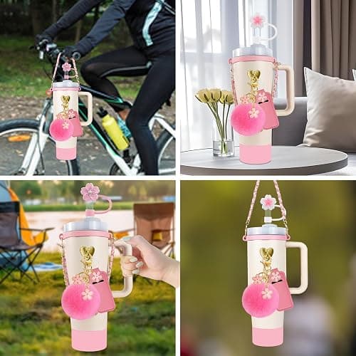 Velaco 11 PCS Accessories for Stanley Cup, Water Bottle Handle Strap for Stanley 30/40 oz tumbler with handle, including Straw Toppers, Silicone Cup Boot, Keychain Charms - PINK thumbnail 6