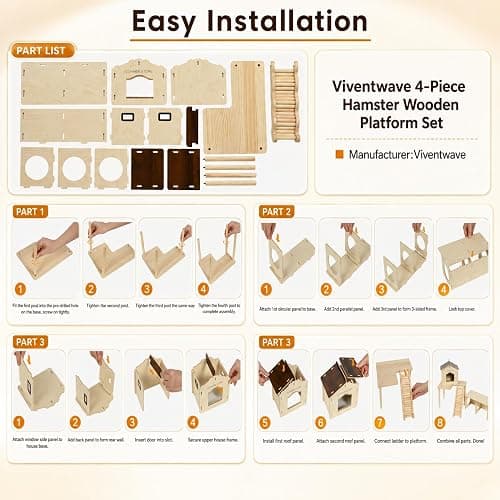 Viventwave 4-Piece 6.3-Inch High Hamster Platform Set, Large House Hideout | Hamster Cage Accessories: Hamster House, Hides & 2-Chamber Tunnel for Large Syrian Hamsters, Dwarf Hamsters, Gerbils and Mice thumbnail 7
