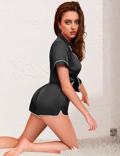 Ekouaer Womens Silk Satin Pajamas Set Short Sleeve Sleepwear Button Down Loungewear 2 Piece Pjs Shorts Set S-5X Plus Size thumbnail 4