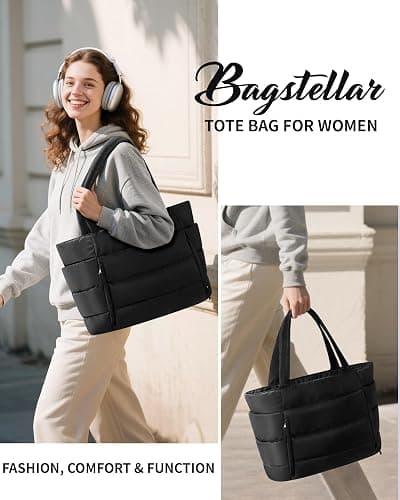 Puffer Tote Bag for Women, Lightweight Puffy Work Handbag Teacher Nurse Quilted Shoulder Bag for School Travel Gym thumbnail 8