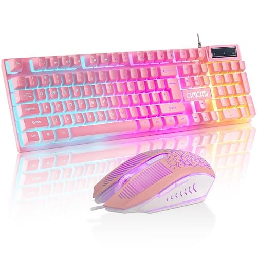 CHONCHOW Pink Gaming Keyboard and Mouse Combo with LED, 104 Keys Wired Light Up Pink Keyboard and Cute Mouse Set for PC Laptop Computer PS4 Xbox, 19 Keys Anti-ghosting, Multimedia Keys, Number Pad - Image 1
