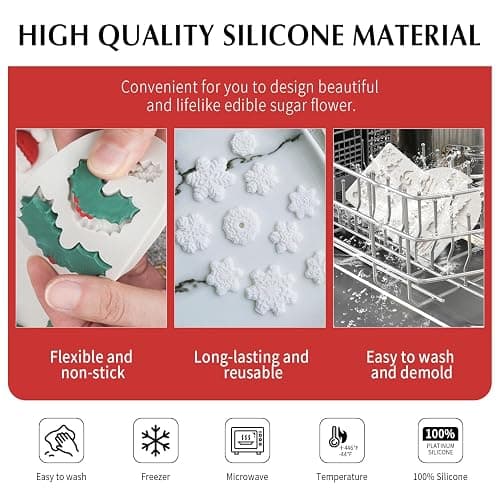 Christmas Fondant Mold Set of 5 Pieces- 3D Snowflake, Christmas Tree, Reindeer, Holly Leaf, Cupcake Topper for Cake Decorating Tools thumbnail 3