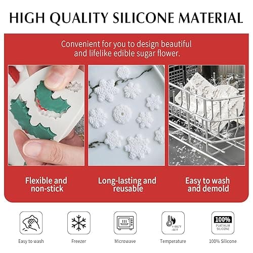 Christmas Fondant Mold Set of 5 Pieces- 3D Snowflake, Christmas Tree, Reindeer, Holly Leaf, Cupcake Topper for Cake Decorating Tools thumbnail 4