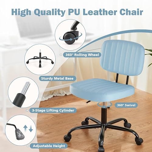DUMOS Armless Home Office Executive Chair - Small Desk Chair with Low Back Lumbar Support, Height Adjustable PU Leather Computer Task Chair with 360° Swivel Wheels, for Adults, Blue thumbnail 5