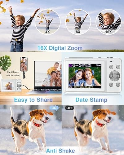 Digital Camera, Kids Camera FHD 1080P Point and Shoot Camera with 16X Zoom Anti Shake, Small Compact Camera for Teen Starter Children Kid Student Girl Boy(Pearl White) thumbnail 3