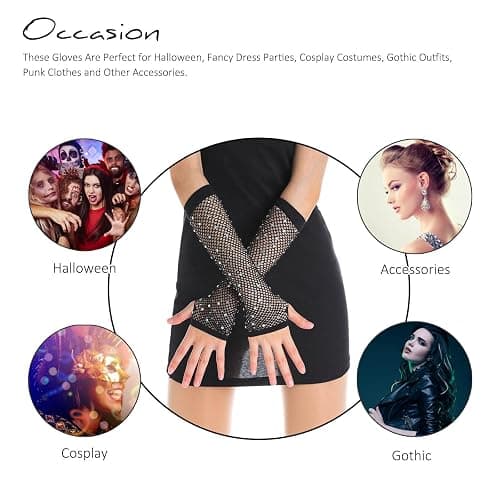 OTPEH Women Fishnet Rhinestone Gloves Fingerless Fish Net Arm Sleeve Warmers 80s Emo Scene Accessories thumbnail 5