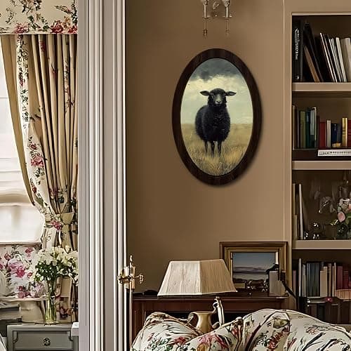 KDHTY Vintage Black Sheep Moody Oval Wall Art Framed Poster,Rustic Farmhouse Country Sheep Cottagecore Aesthetic Home Decor,French Country Decor Wall Hanging Sculptures for Home Bedroom Living Room thumbnail 3