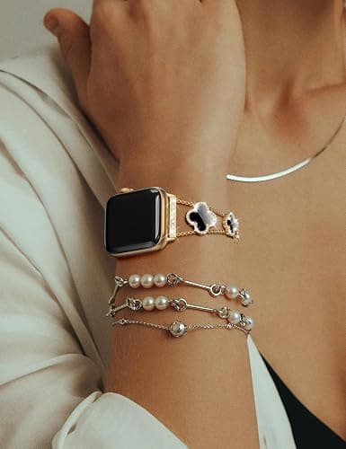 CTYBB Bling Diamond Band Compatible with Apple Watch Bands for Women 40mm 41mm 38mm 42mm Series 11 10 9 8 7 6 5 4 SE 3 2 1, Sparkle Metal Bracelet Wristband, Cute Lucky Clover Dressy iWatch Band,Gold/Black thumbnail 5
