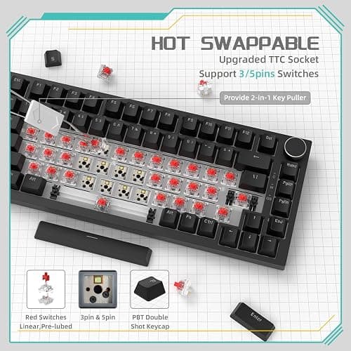 A.JAZZ x Attack Shark AK820 Wired Mechanical Gaming Keyboard 75% with Knob,Hot Swap,Upgraded Socket & 5-Layer Noise Absorbing Foams,Gasket,82 Keys,Custom White LED,NKRO,Red Switch for PC/Win/Mac thumbnail 6