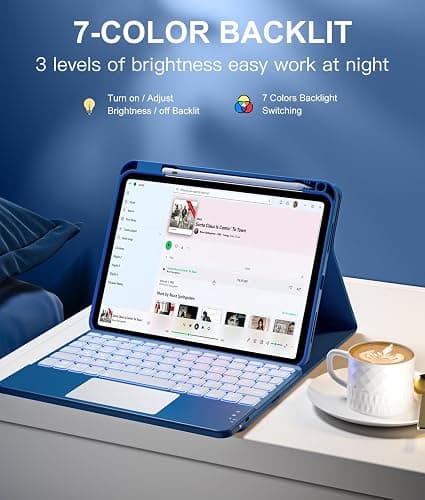 Harvopu Compatible for iPad 11th 10th Generation Case with Keyboard, Folio Cover with Pencil Holder, Multi-Touch Trackpad, 7 Color Backlit, Detachable Keyboard for iPad (A16) 11th/10th Gen (Navy Blue) thumbnail 6