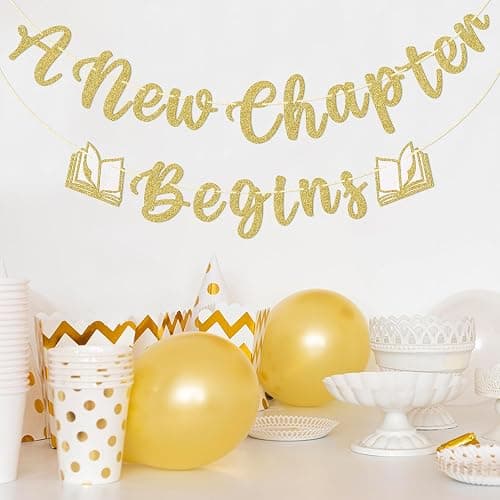 A New Chapter Begins Banner - Book Themed Baby Shower Decorations, Reading Themed Party Decorations, Gold and White Glitter thumbnail 5
