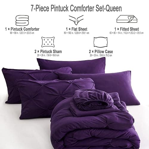 Ubauba 7pc Purple Comforter Set Queen Size with Sheets, Pintuck 7 Piece Bedding Comforters Bed in a Bag for All Season, Pinched Pleat Bed Set with Comforter (Purple,Queen) thumbnail 6