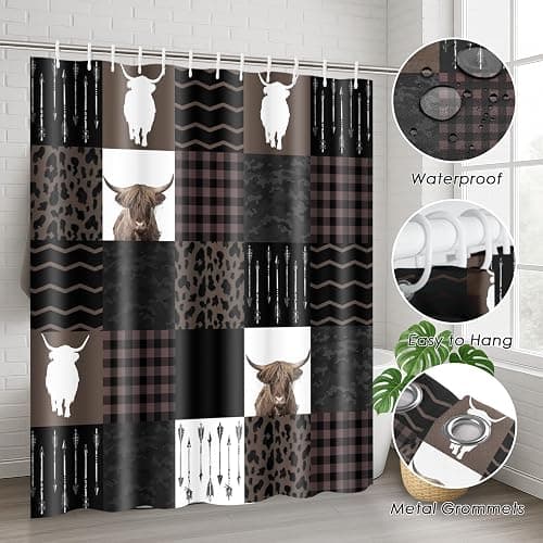 Tayney Highland Cow Farm Brown Black Checked Shower Curtain Set with Toilet Lid Cover and Non-Slip Rugs, 4 Pcs Shower Curtain with 12 Hooks, Farmhouse Bathroom Set with Rugs and Accessories thumbnail 6