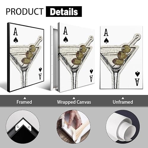 xbsifyiooa Mosaic Dirty Martini Canvas Wall Art, Black White Ace Playing Card Poster, Vintage Olive Martini Bar Cart Wall Decor, Funky Alcohol Cocktail Print Poker Painting 8x12in Unframed thumbnail 2