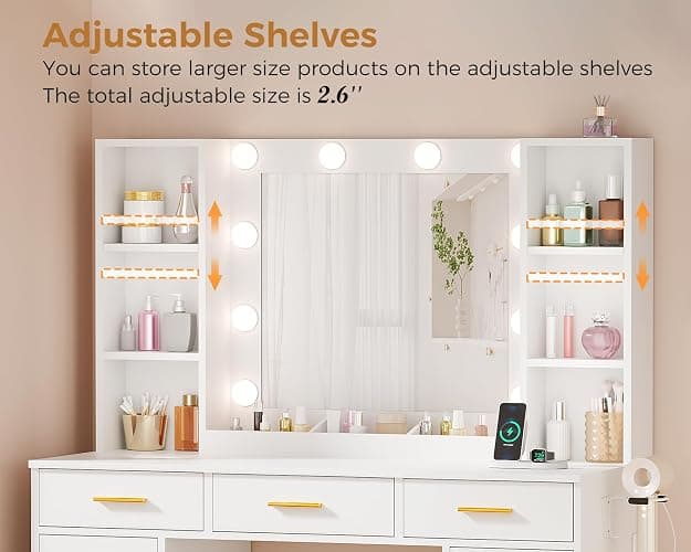 ANWBROAD White Vanity Desk with Mirror and Lights Makeup Vanity Desk with Power Outlet 11 Drawers 9 Shelves Hair Dryer Stand 3 Color Lighting Modes Vanity Table with Stool for Bedroom Women UBDT86W thumbnail 7
