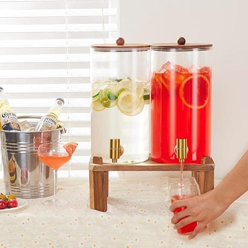 2 PCS 1.5 Gallon Drink dispenser, Glass Beverage Dispenser With Wood Stand, Large Water Drink Dispensers for Parties With Stainless Steel Spigot, Ideal for Lemonade,Juice, Tea, and Party Drinks thumbnail 4