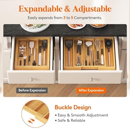 Lifewit Utensil Organizer for Kitchen Drawer, Expandable Cooking Utensil Tray, Bamboo Cutlery Silverware Flatware Holder, Adjustable Spatula Tools and Gadgets Storage Divider, Large, Natural thumbnail 5