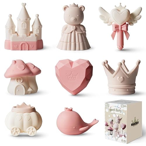 MarcZero Princess Silicone Bath Toys 8Pcs for Toddlers Kids Babies,Bathtub Water Toys,Soft Squeezable Easy-Grip Pool Toys Set (Pink) - Image 1