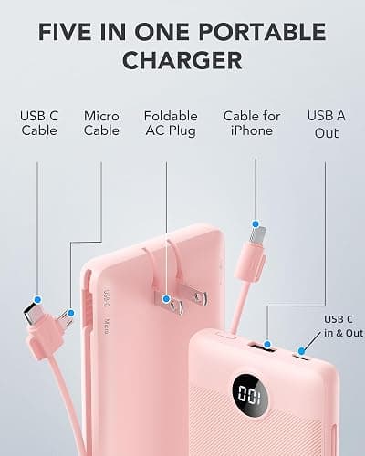 VRURC Portable Charger Built-in Cables and AC Wall Plug,USB C Power Bank 10000mAh, Travel Essentials Phone Charger Compact Lightweight External Battery Pack for Smart Phones, Tablets etc-Pink thumbnail 2