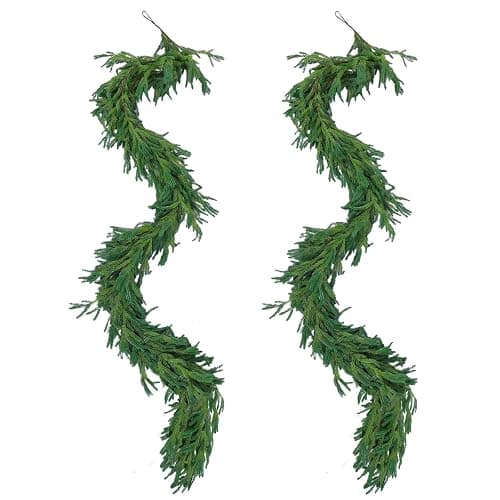 Hananona 9 Ft 2 Pcs Artificial Norfolk Pine Garlands, Realistic Pine Garland, Green Artificial Greenery Garland for Table, Mantle, Wall, Indoor, Outdoor Winter Christmas Decorations (2, 9 FT) thumbnail 2