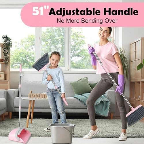 XXFLOWER Long Handle Dustpan and Brush Sets, Broom and Dustpan Set with Comb Teeth, Sweeping Brush Set for Indoor Kitchen Lobby Office Sweeping Pet Dog Hair, Household Cleaning Supplies(Gray Pink) thumbnail 7